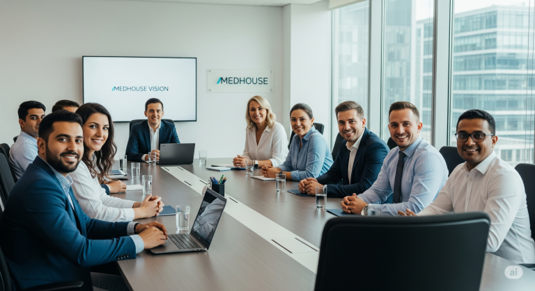 Medhouse team members from Operations, HR, Procurement, Production, QA, and Administration collaborating at headquarters.