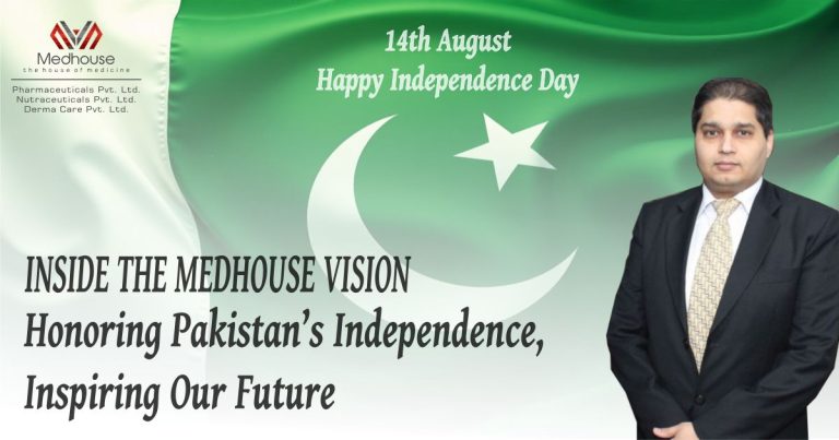 A celebratory graphic for Pakistan’s 78th Independence Day featuring Medhouse branding, green and white national colors, and patriotic elements.