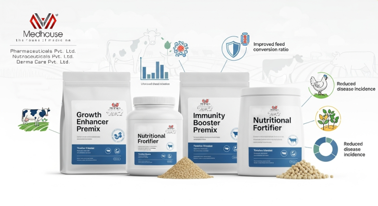 Veterinary premix products from Medhouse designed for livestock and poultry farming, ensuring consistent nutrition, improved immunity, and farm profitability.