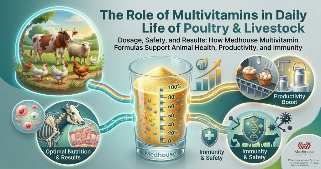 Poultry chickens and dairy cattle on a farm representing livestock nutrition and the importance of veterinary multivitamins for animal health and productivity.