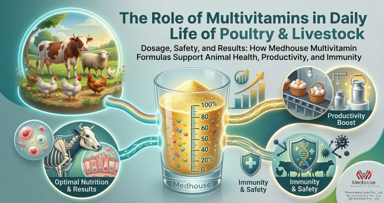 Poultry chickens and dairy cattle on a farm representing livestock nutrition and the importance of veterinary multivitamins for animal health and productivity.